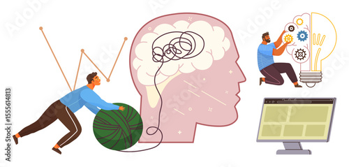 Man untangling yarn near brain diagram symbolizing problem-solving, thinker adjusting gears in bulb, monitor below. Ideal for innovation, creativity, productivity, strategy, teamwork, learning