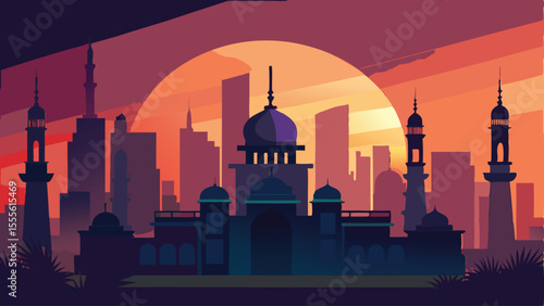 City skyline with mosque and towers at sunset in flat design landscape illustration