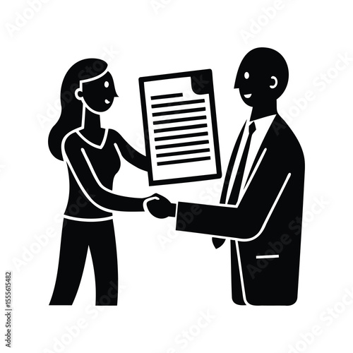 Business deal with handshake and document between woman and businessman