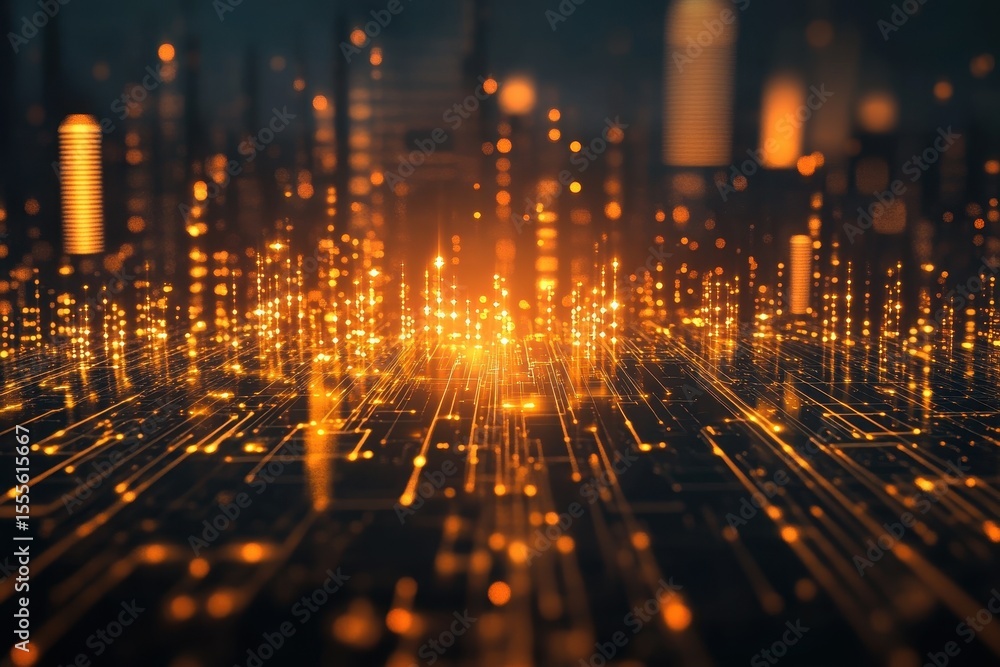 Obraz premium Futuristic cityscape illuminated by glowing lights showcasing advanced technology and vibrant energy during nighttime urban setting