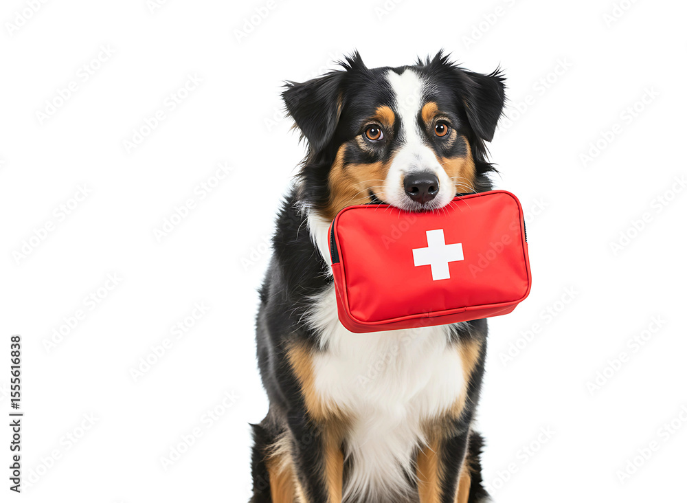 Fototapeta premium Golden retriever dog holding a red first aid kit isolated on transparent background