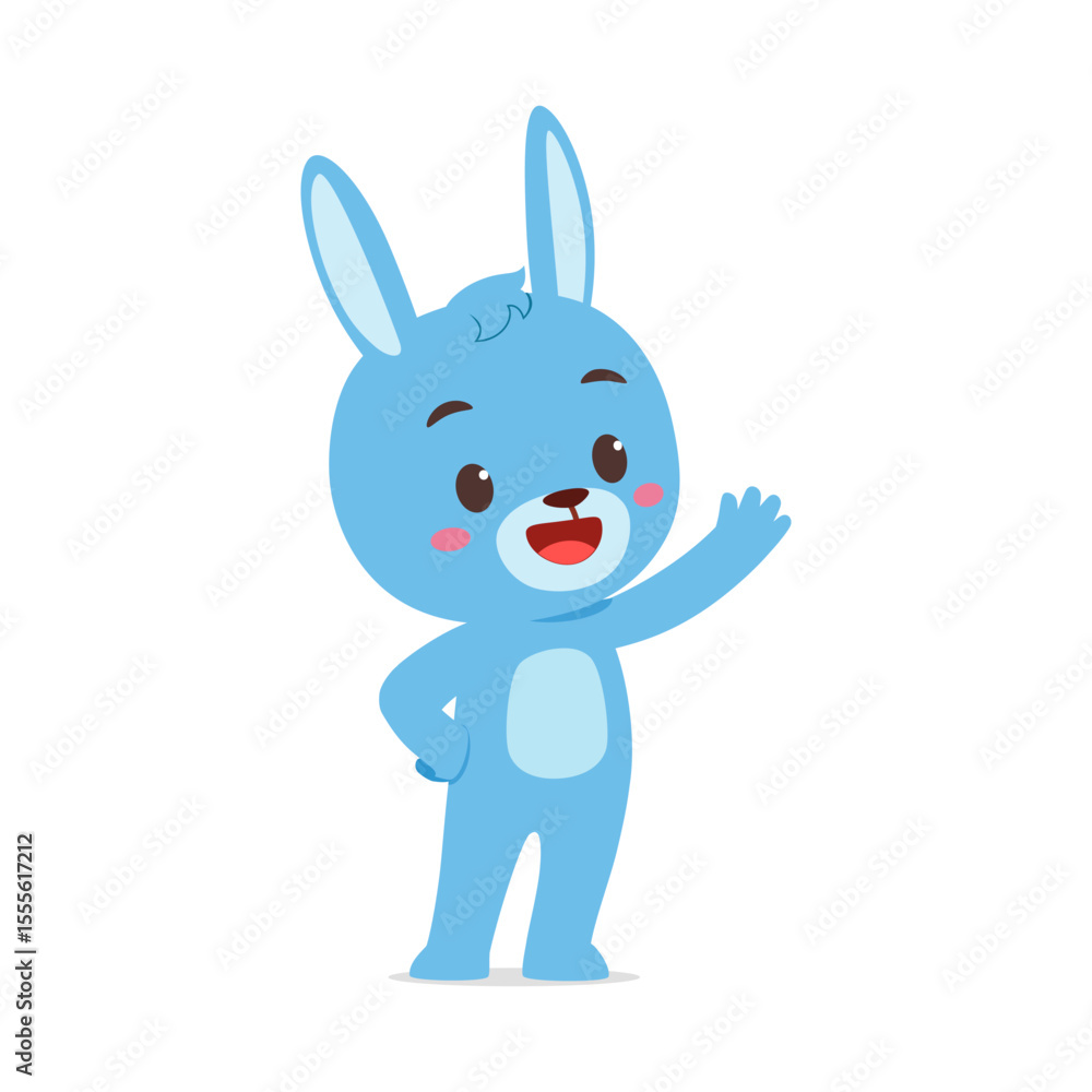 Obraz premium Cute Blue Cartoon Rabbit Waving Hand with Happy Expression on White Background Illustration