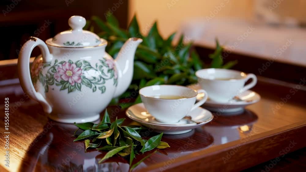 Porcelain teapot and teacup with green tea leaves on wooden tray Porcelain teapot and teacup with green tea leaves on wooden tray