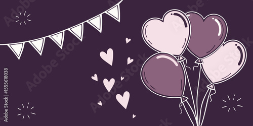 A Valentine’s Day , 14 February purple shiny hearts and balloons, used for love banners and greeting designs in purple background vector illustration.