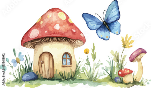 Enchanted Mushroom House with Butterfly and Flowers Watercolor Illustration