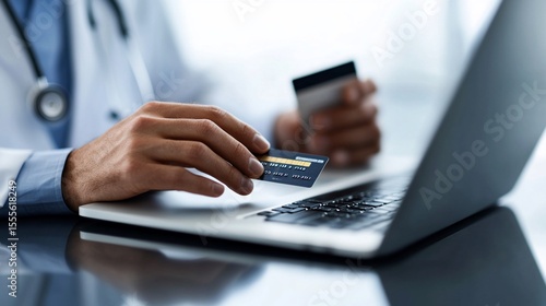 Doctor using laptop for online payment