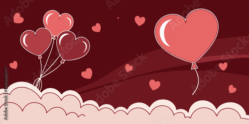 A Valentine’s Day , 14 February  with shiny hearts and balloons, used for love banners and greeting designs in dark red background  vector illustration.