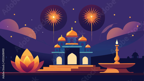 Stylized depiction of a temple with lotus and fireworks above landscape illustration