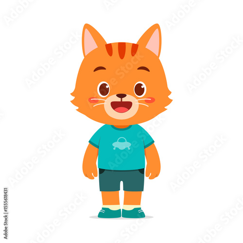 Cartoon Orange Cat Character Standing, Happy Expression, Wearing Blue Shirt and Shorts