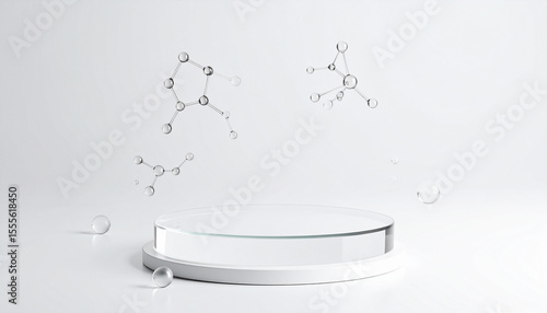 Empty space for exhibition with transparent glass circular cylinder pedestal on molecules and bubbles Background.