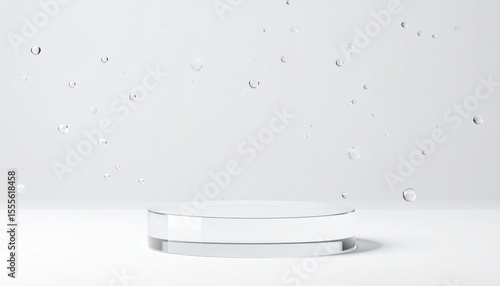 Empty space for exhibition with transparent glass circular cylinder pedestal on molecules and bubbles Background.