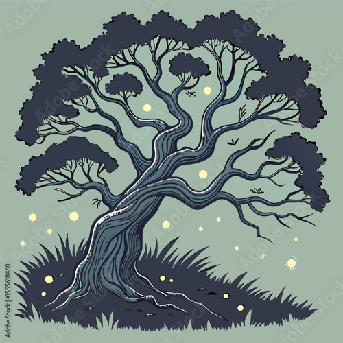 An enchanted tree with twisted branches, glowing fireflies surrounding it., illustration of a tree vector tree