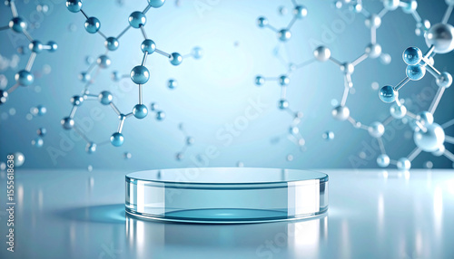 Empty space for exhibition with transparent glass circular cylinder pedestal on molecules and bubbles Background.