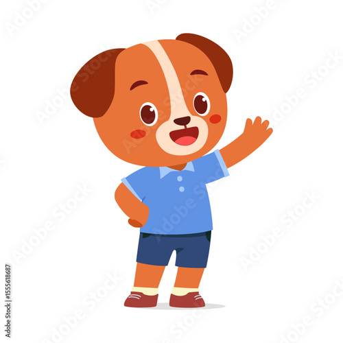 Adorable Cartoon Dog Waving Hand, Wearing Blue Shirt and Shorts, Isolated on White Background