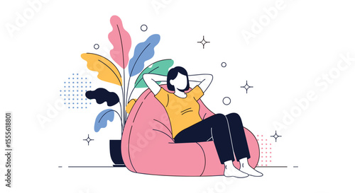 Relaxing Person Lounging in a Comfortable Beanbag Chair Surrounded by Artistic Plant Elements and Sparkly Accents for a Peaceful and Creative Atmosphere
