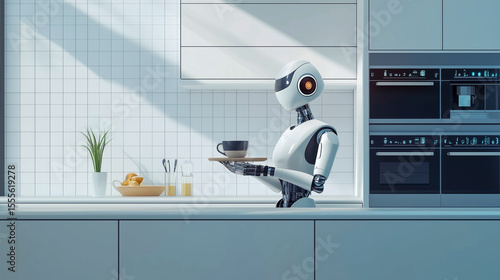 Humanoid robot assistant serving coffee in a kitchen.