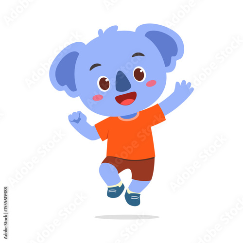 Happy Cartoon Koala Jumping with Joy and Waving its Hand in the Air on Isolated White