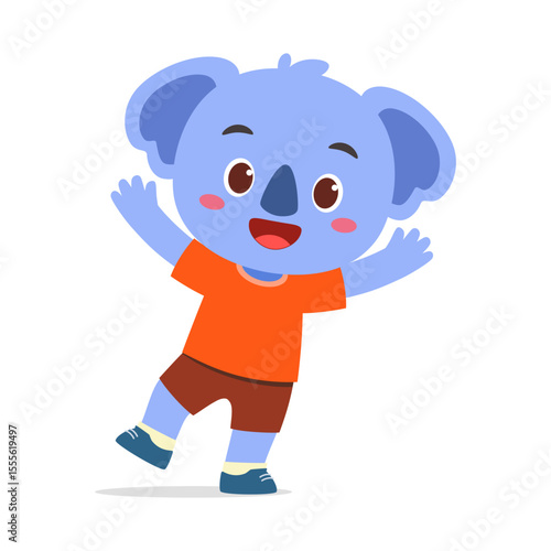 Happy cartoon koala waving its hands, wearing shirt and short, standing on white background.
