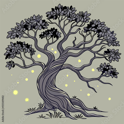 An enchanted tree with twisted branches, glowing fireflies surrounding it., illustration of a tree vector tree