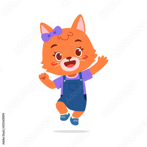 Cute Orange Cartoon Cat with Bow Tie Jumping with Joyful Expression in Full Body Illustration