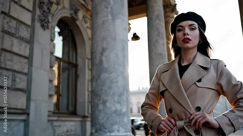 hot russian girl - A fashionable woman in a stylish trench coat and beret stands confidently outside a historic building during sunset, capturing the essence of urban elegance and style