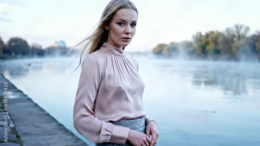 hot russian girl - A serene portrait of a young woman in a light blouse standing by a misty riverbank, with soft morning light illuminating her features and a tranquil landscape in the background