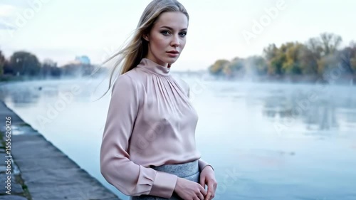 hot russian girl - A serene portrait of a young woman in a light blouse standing by a misty riverbank, with soft morning light illuminating her features and a tranquil landscape in the background