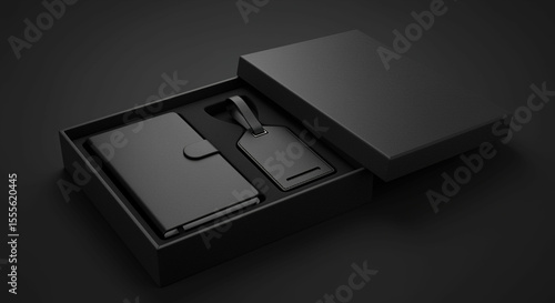 Wallpaper Mural A sleek black gift set featuring a notebook and luggage tag presented in a matching box on dark background Torontodigital.ca