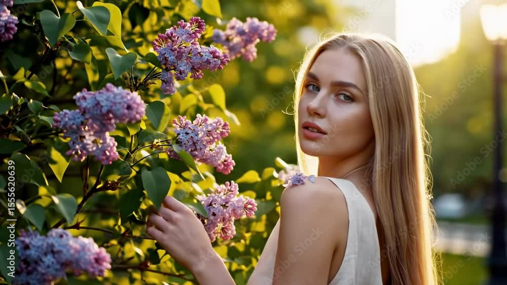 hot russian girl - A serene young woman gently touching blooming lilac flowers in a sunlit park, with a soft golden glow illuminating her features and a tranquil background of greenery