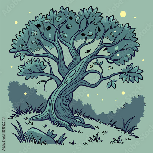 An enchanted tree with twisted branches, glowing fireflies surrounding it., illustration of a tree vector tree