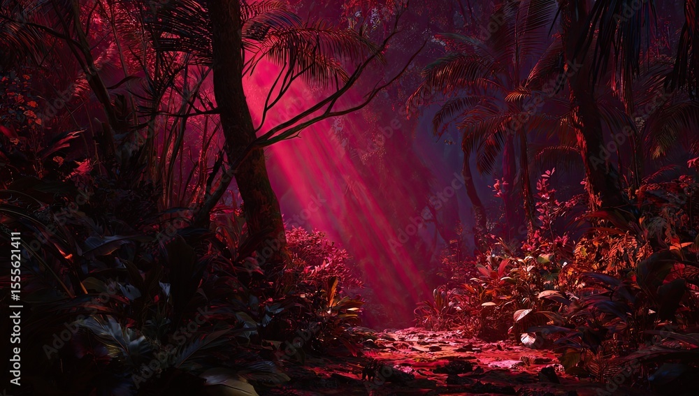 Fototapeta premium Deep, crimson jungle path illuminated by a mystical light