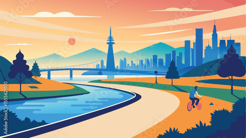 City view with river and cyclist at sunset in graphic style landscape illustration