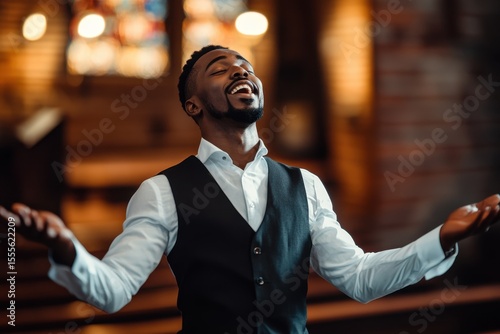 Singing man leads congregation in uplifting worship in church with stained glass windows during service