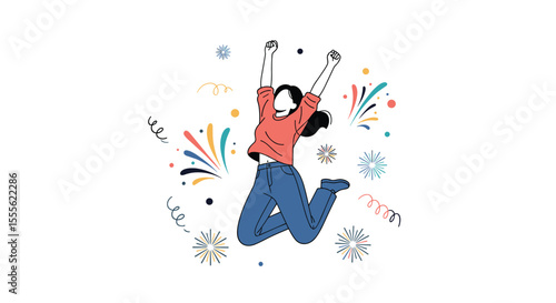 A woman jumping with joy celebrating a successful achievement surrounded by colorful confetti and fireworks in a festive mood for special occasions and victories