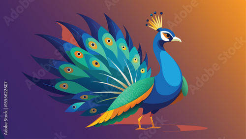Stylized depiction of a vibrant peacock with ornate plumage landscape illustration