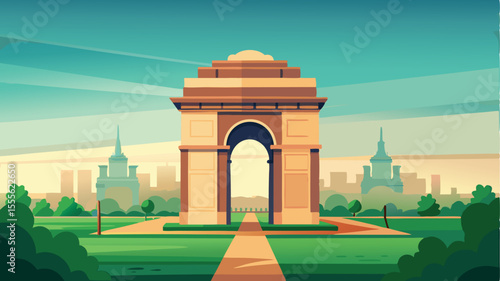 A stylized archway with city buildings in the background view landscape illustration