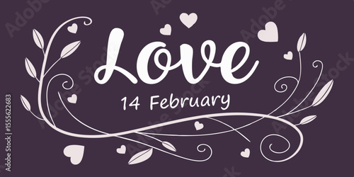 Valentine’s Day typography writing design, made for celebrating love on 14 February in dark purple background vector illustration.