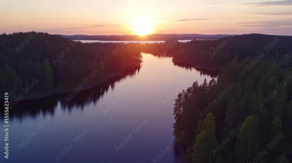Obraz premium Sunset over a serene Finnish lake, surrounded by lush forests. Breathtaking aerial view of the tranquil landscape. Picturesque scenery.