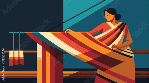Woman working with striped cloth on a wooden frame indoors landscape illustration