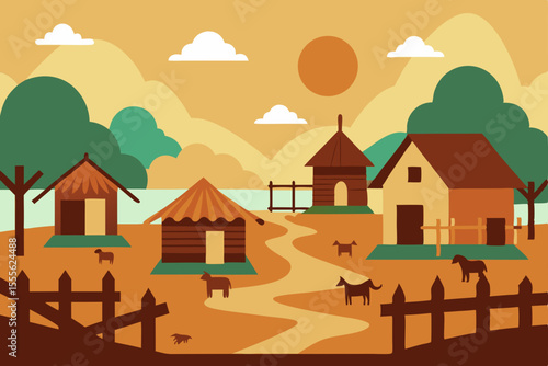 Serene Rural Village Landscape Farmhouses, Animals, and Pastoral Charm