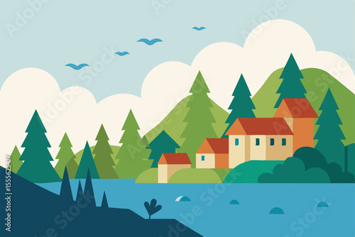 Serene Lakeside Village A Picturesque Landscape Illustration