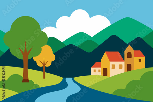Serene Mountain Village Landscape Picturesque River, Lush Trees, and Rolling Hills