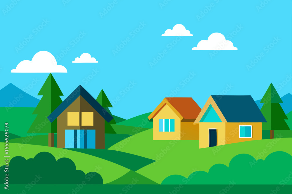 Fototapeta premium A vector illustration of a charming village landscape featuring houses nestled in the mountains under a clear sky, surrounded by trees and green fields