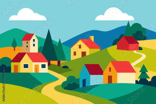 Cartoon vector illustration of a peaceful mountain village landscape with houses, trees, and a clear sky, capturing the essence of rural home life