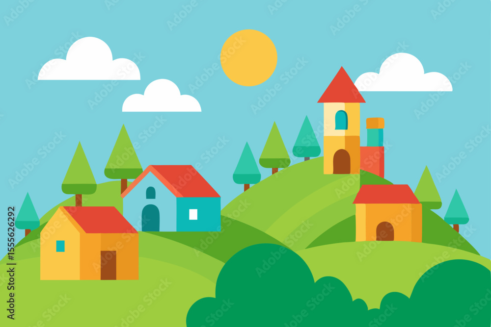 Naklejka premium House on a hill vector illustration, a charming cartoon village landscape with trees, sky, and summer sun