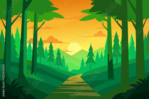 Vibrant landscape of a forest at sunset, with trees, green grass, and a blue sky showing the sun through the clouds over a watery meadow