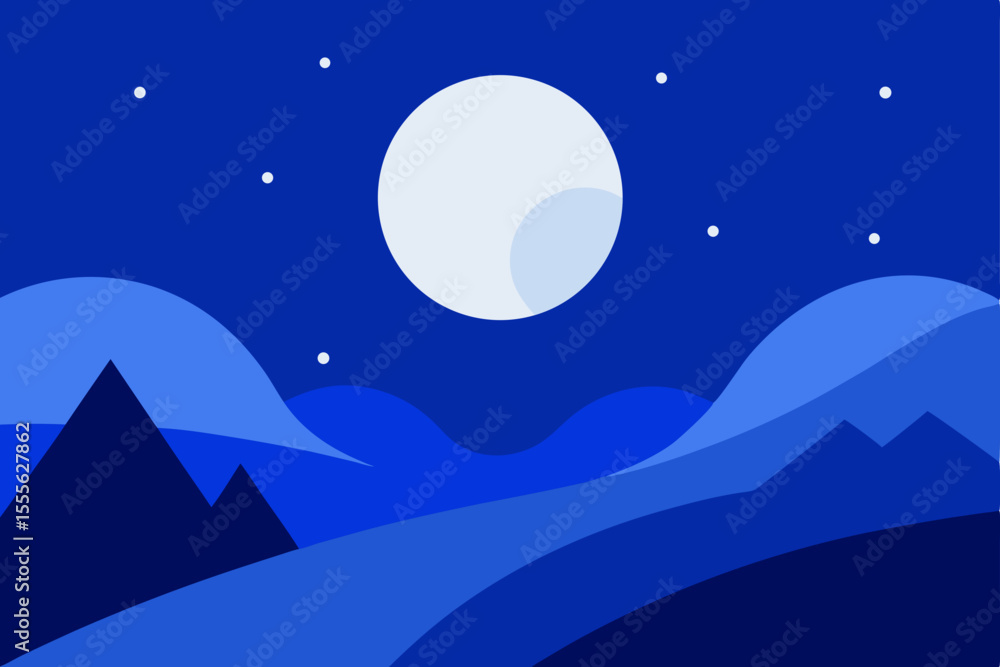 Fototapeta premium Serene Night Landscape Moonlit Mountains and Starry Sky Illustration