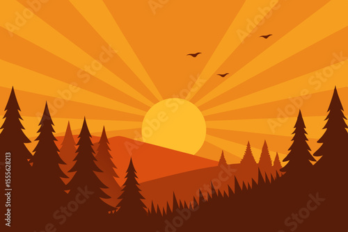 Majestic Sunset over Mountain Peaks A Serene Silhouette Illustration