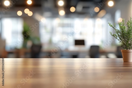 Wallpaper Mural Office interior with blurred background showcasing a plant on a wooden table amidst a modern workspace Torontodigital.ca