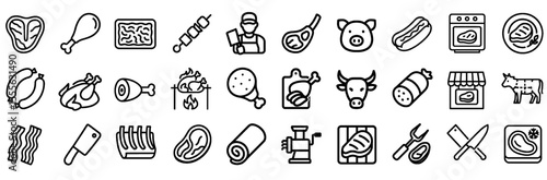 Butchery and Meat Products Outline Icon Set – Featuring Cuts, Sausage, BBQ, Steak, and More. Editable Stroke Icons.